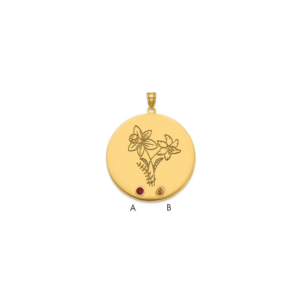 14k Yellow Gold Circle w/2 Birth Flower and Birthstone Pendant
