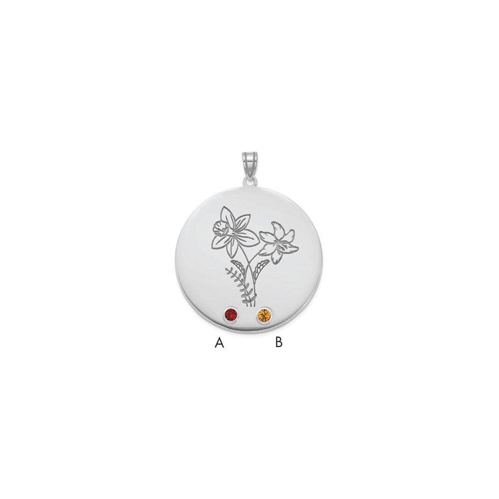 SS/Rhod-plated Circle w/2 Birth Flower and Birthstone Pendant