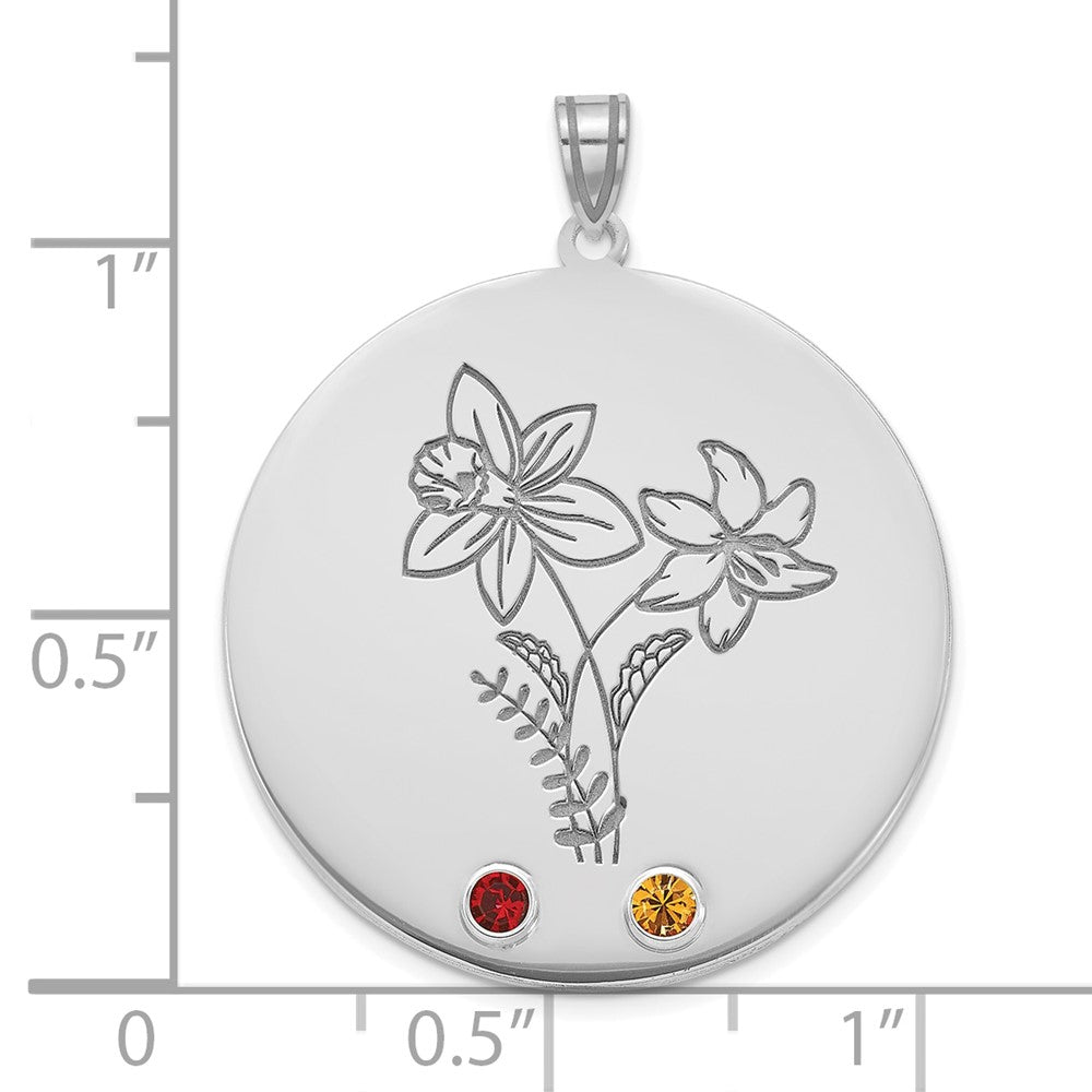 14k White Gold Circle w/2 Birth Flower and Birthstone Pendant