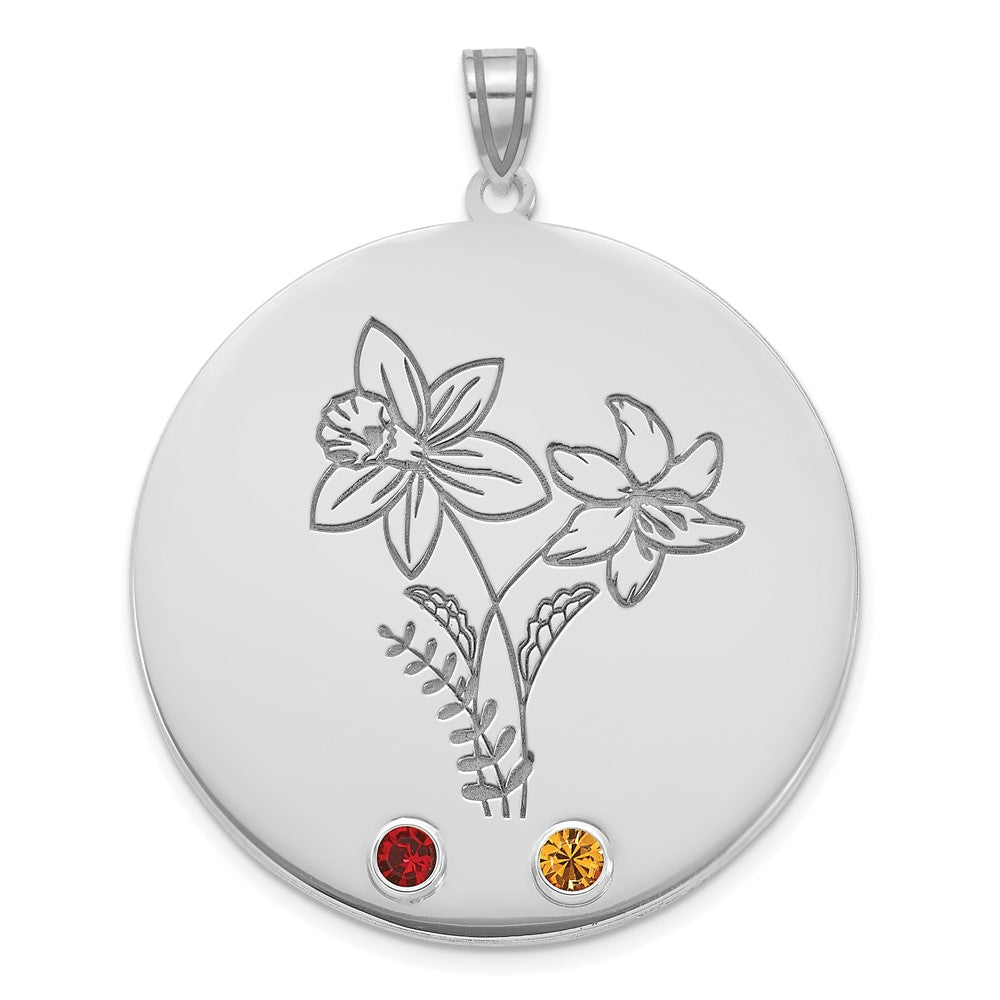 14k White Gold Circle w/2 Birth Flower and Birthstone Pendant