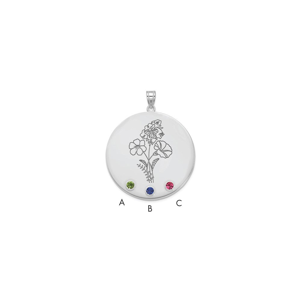 SS/Rhod-plated Circle w/3 Birth Flower and Birthstone Pendant