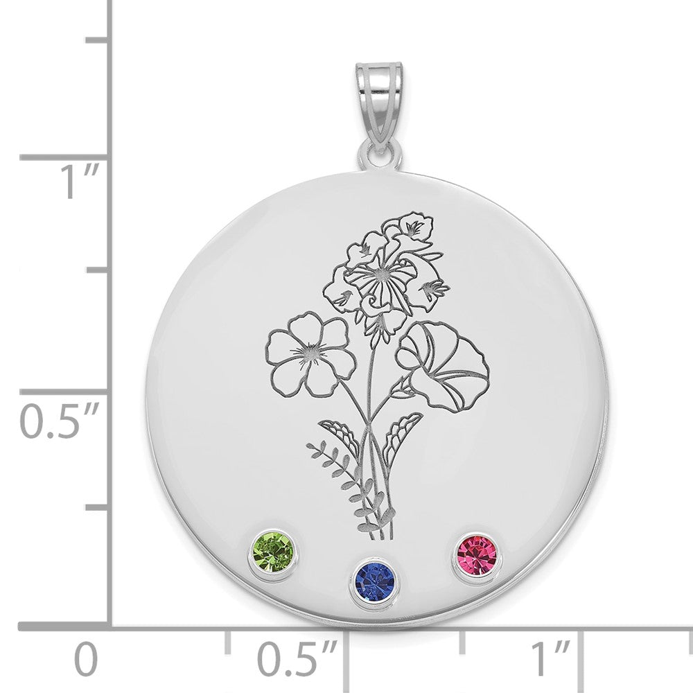 SS/Rhod-plated Circle w/3 Birth Flower and Birthstone Pendant