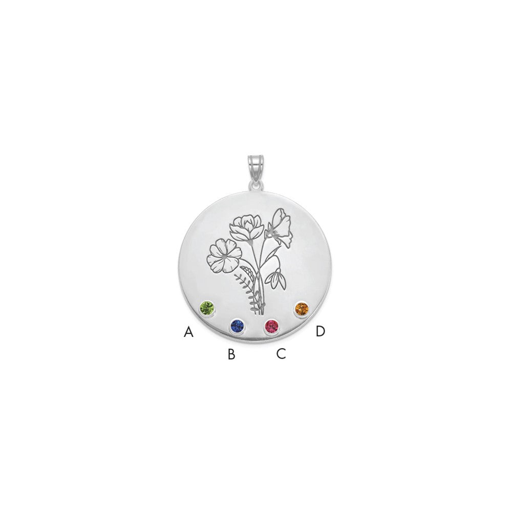 14k White Gold Circle w/4 Birth Flower and Birthstone Pendant