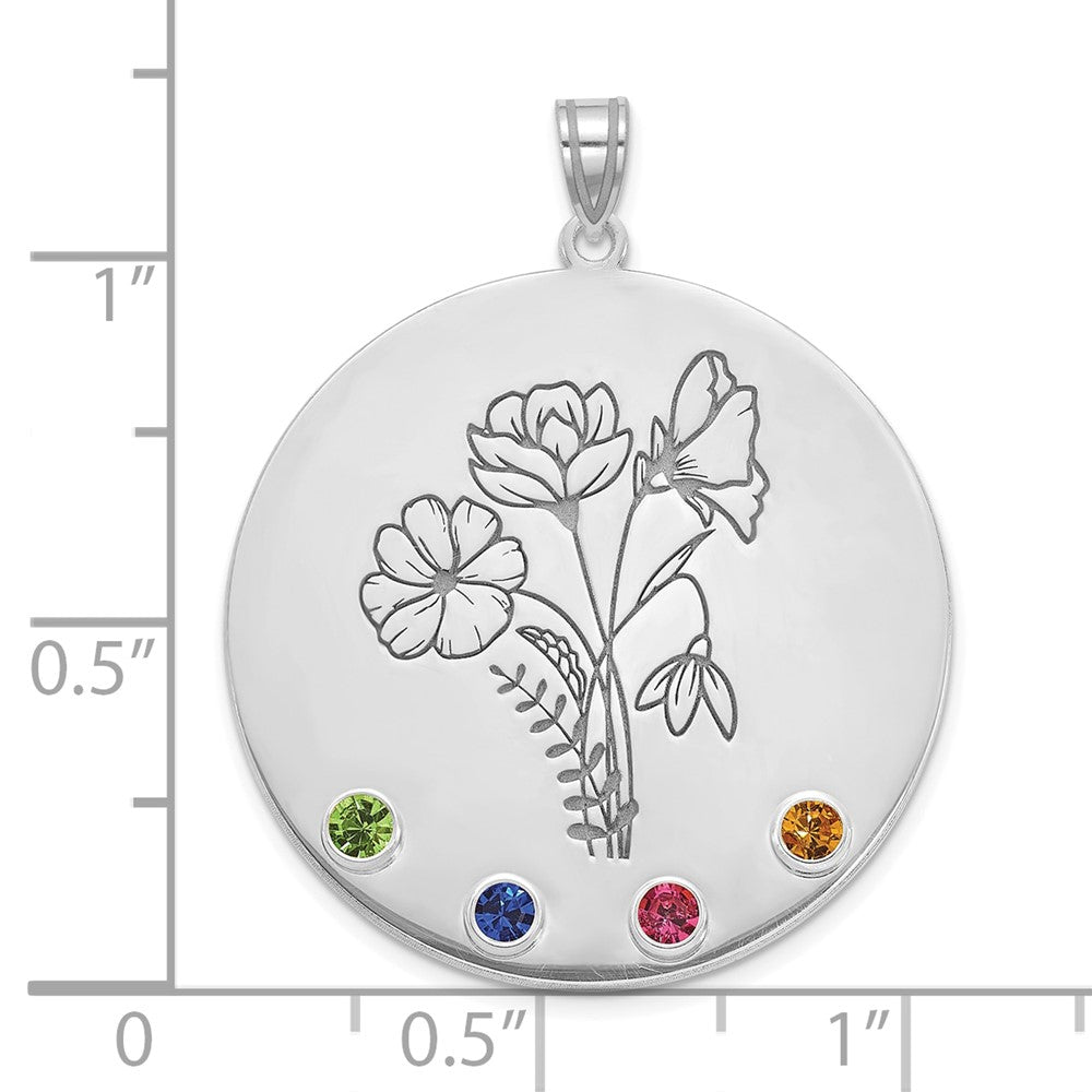 14k White Gold Circle w/4 Birth Flower and Birthstone Pendant