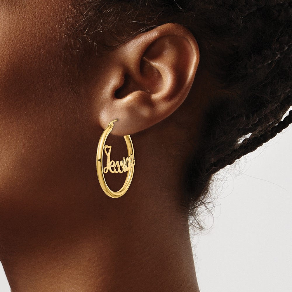 14k Yellow Gold Satin and Diamond-cut Name Plate Hoop Earrings