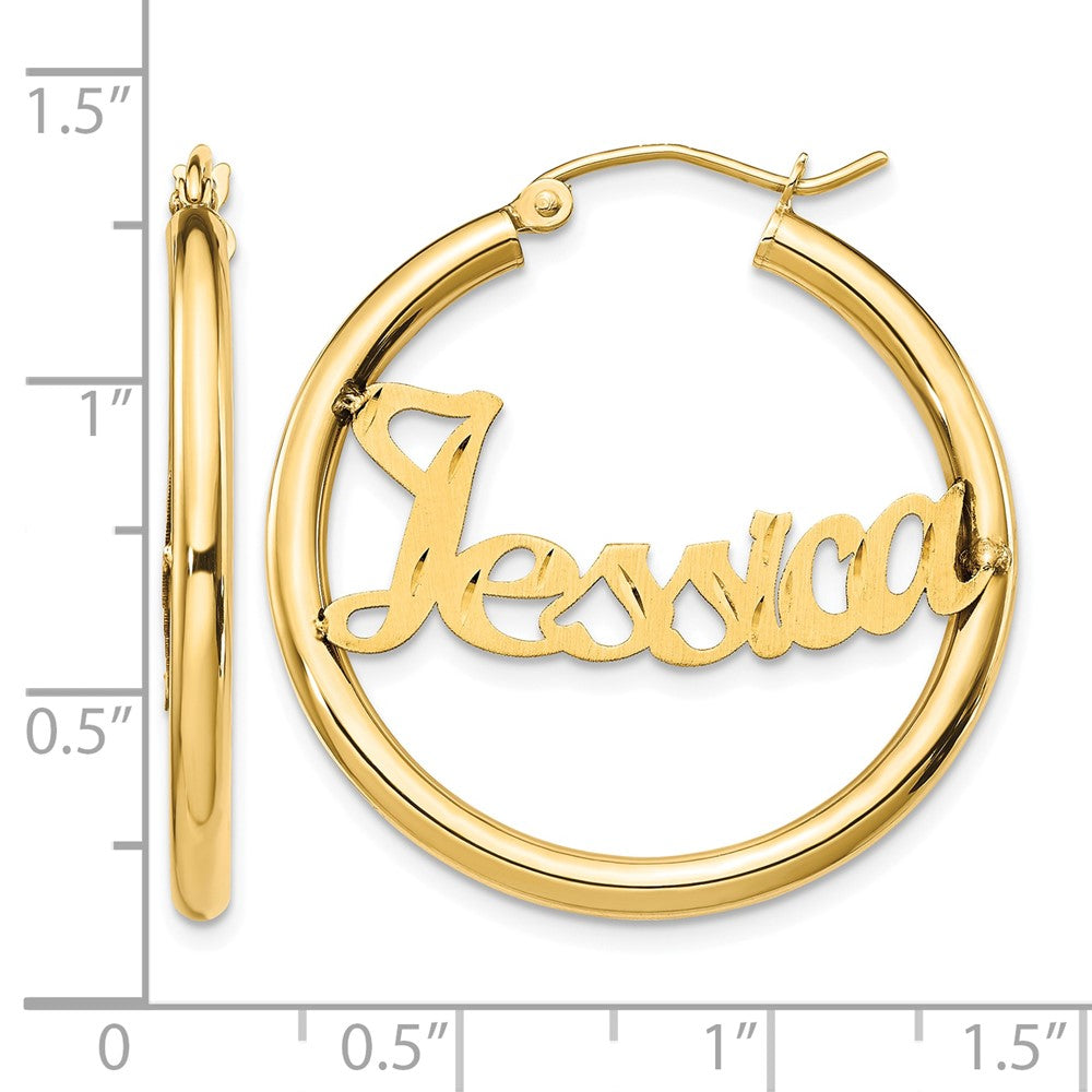 14k Yellow Gold Satin and Diamond-cut Name Plate Hoop Earrings