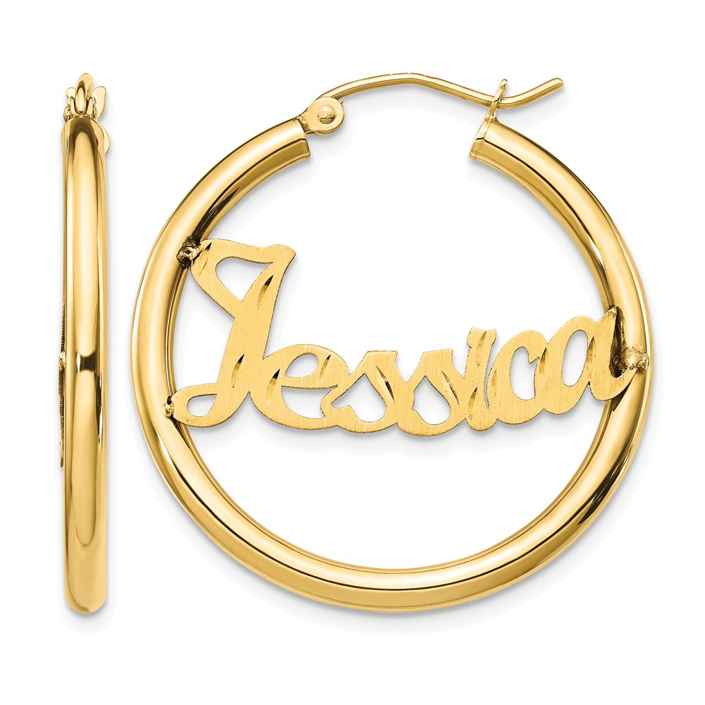 14k Yellow Gold Satin and Diamond-cut Name Plate Hoop Earrings