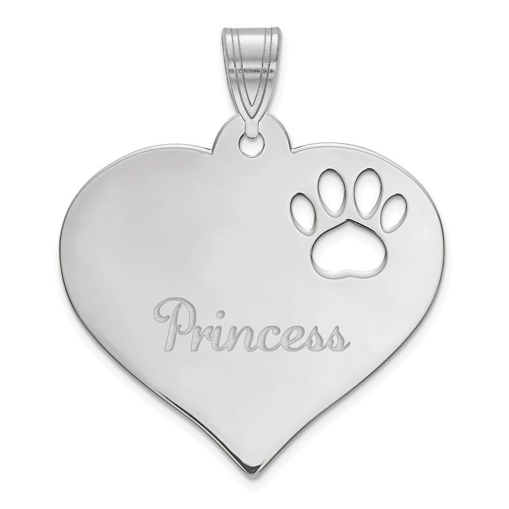 10k White Gold Heart with Name and Paw Print Cut-out Pendant