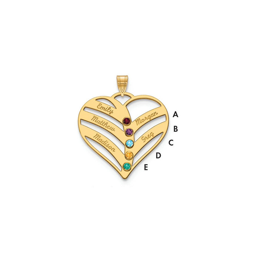 14KY 5-Name w/Birthstones w/14k Bezel Cut Out Heart Pendant