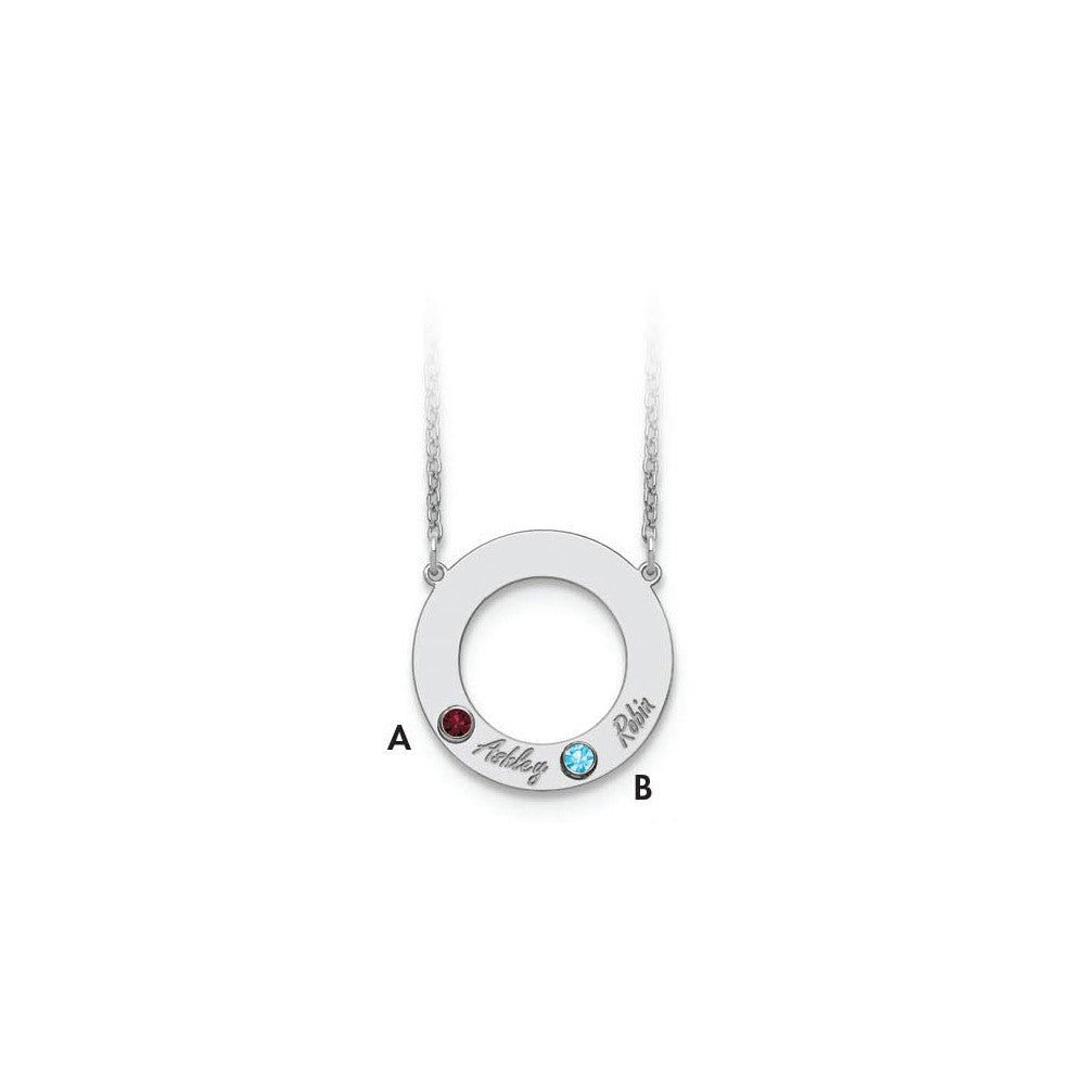 14KW 2 Name & Birthstone w/ 18k Rhodium Plated Bezel Circle Necklace
