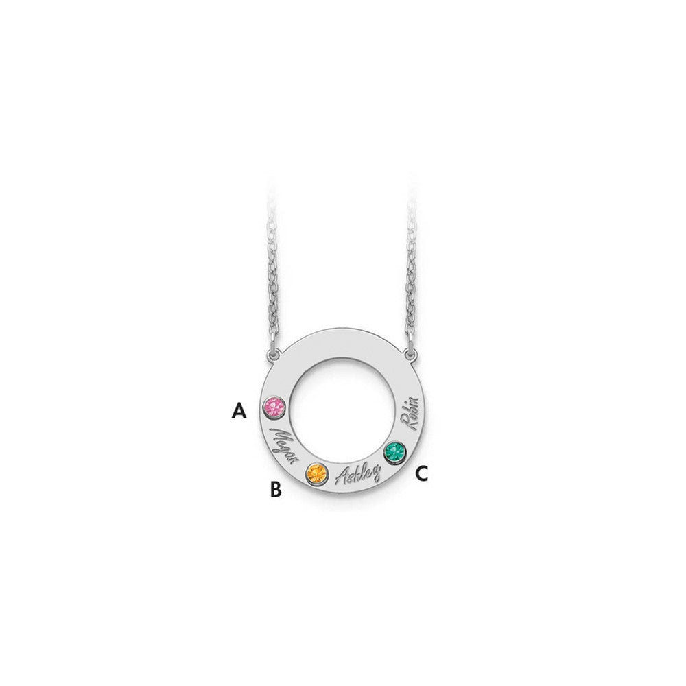 14KW 3 Name & Birthstone w/ 18k Rhodium Plated Bezel Circle Necklace