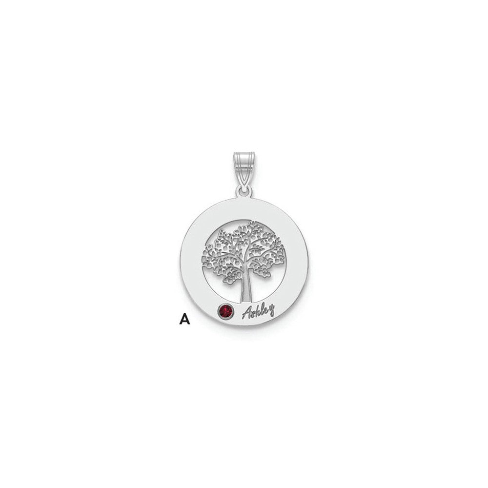 14KW Family Tree Circle 1 Names & Birthstones w/ 18k Rhodium Plated Bezel
