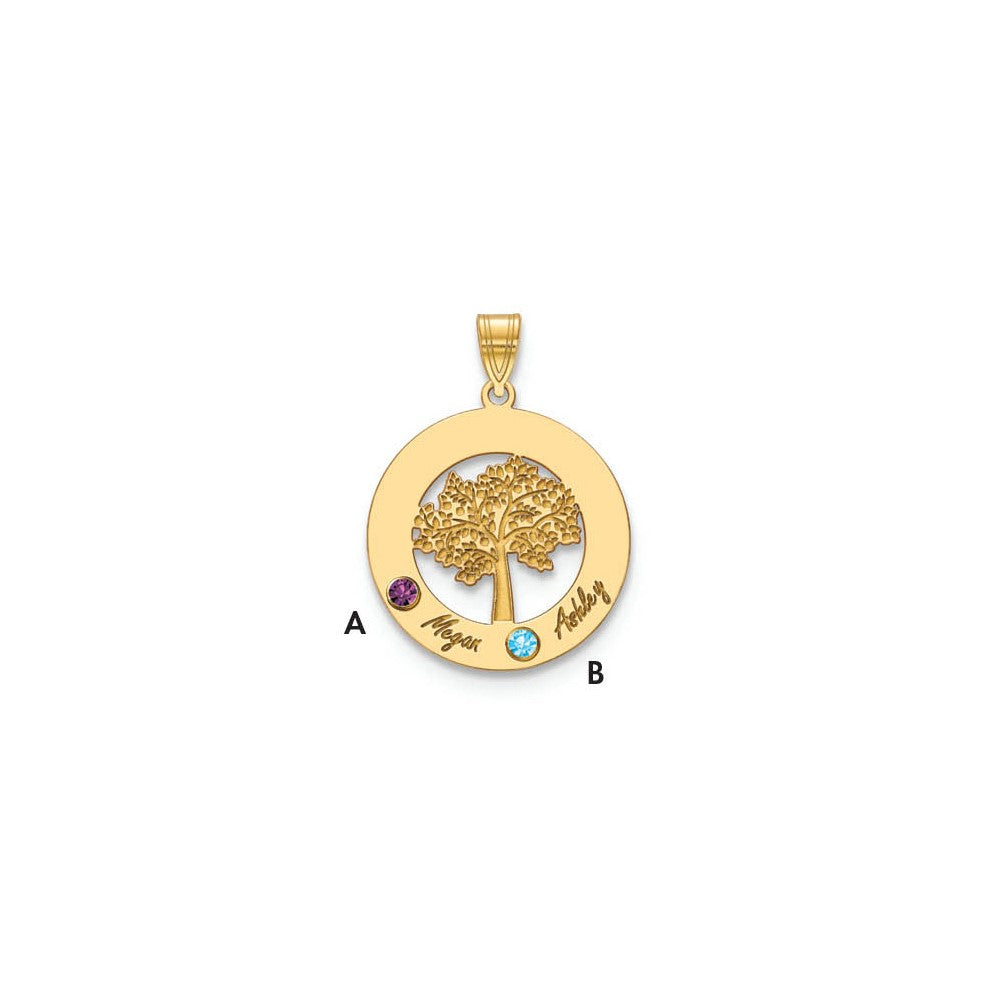 10KY Family Tree in Circle 2 Names and Birthstones w/ 14k Bezel Pendant