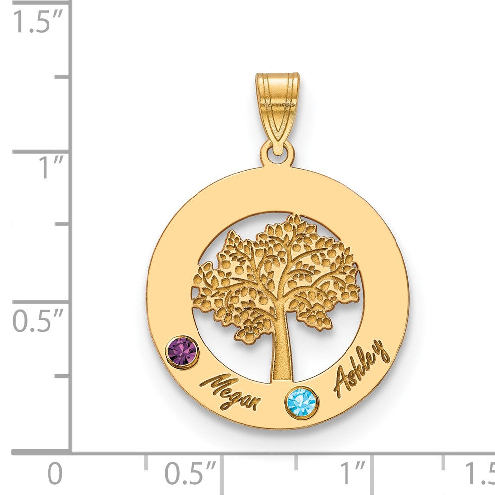 14KY Family Tree in Circle 2 Names and Birthstones w/ 14k Bezel Pendant