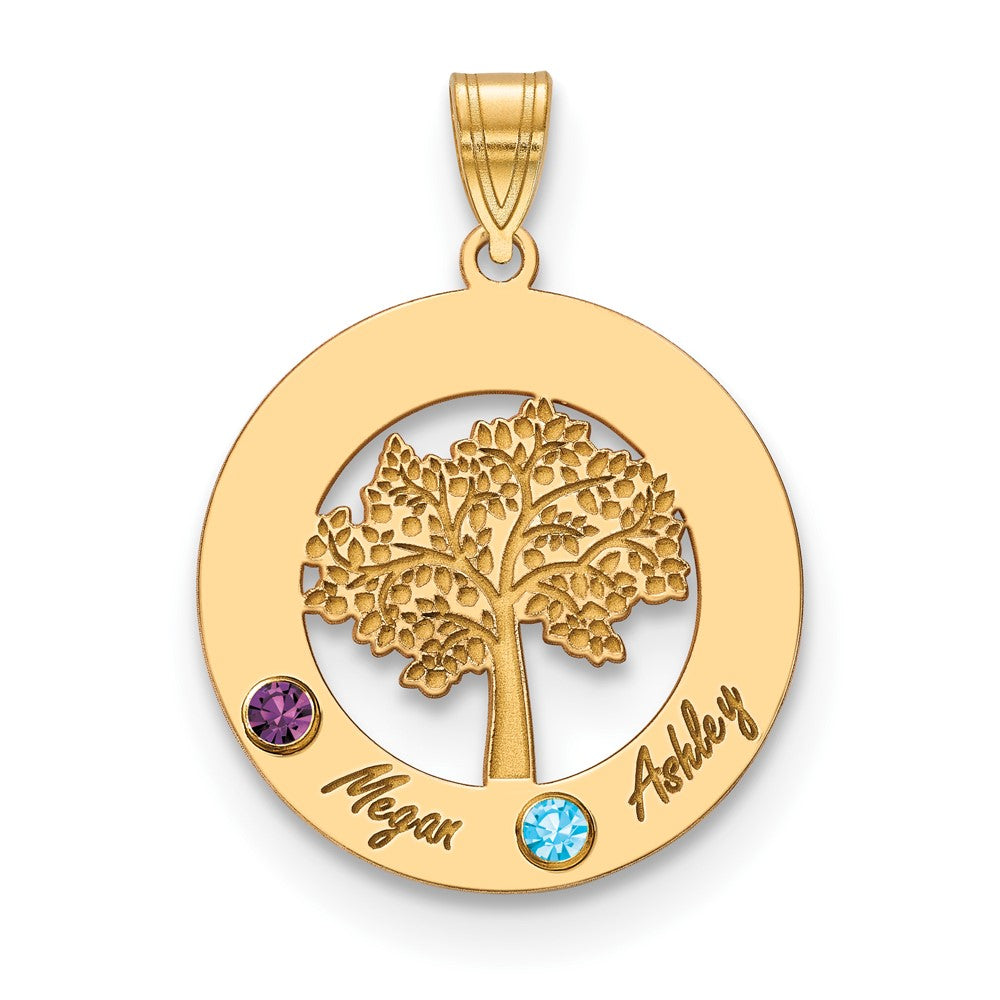 14KY Family Tree in Circle 2 Names and Birthstones w/ 14k Bezel Pendant