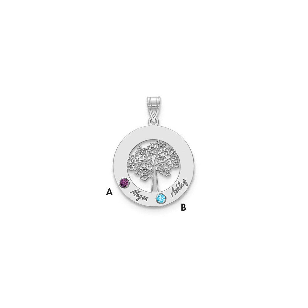 14KW Family Tree Circle 2 Names & Birthstones w/ 18k Rhodium Plated Bezels