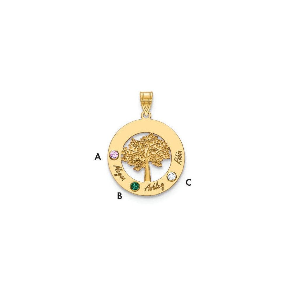 10KY Family Tree in Circle 3 Names and Birthstones w/ 14k Bezel Pendant
