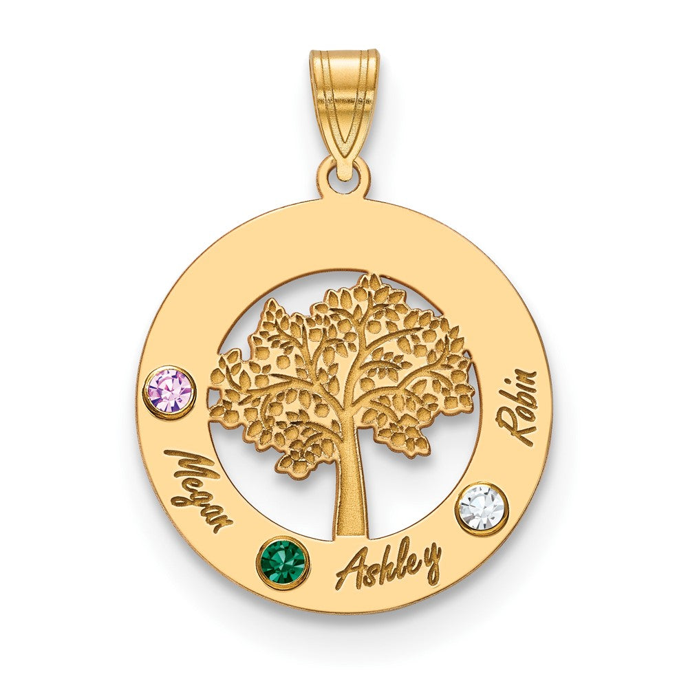14KY Family Tree in Circle 3 Names and Birthstones w/ 14k Bezel Pendant
