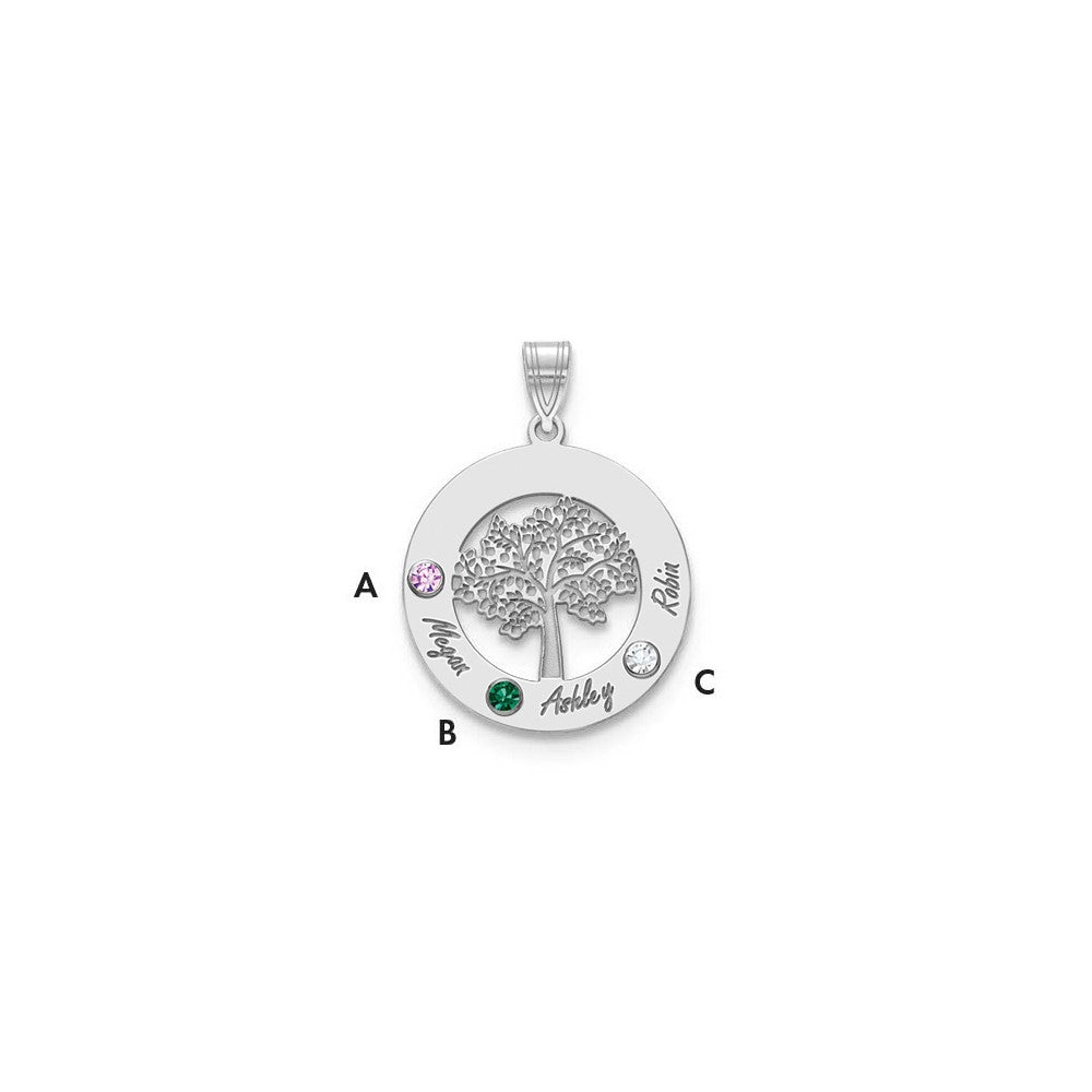 14KW Family Tree Circle 3 Names & Birthstones w/ 18k Rhodium Plated Bezels