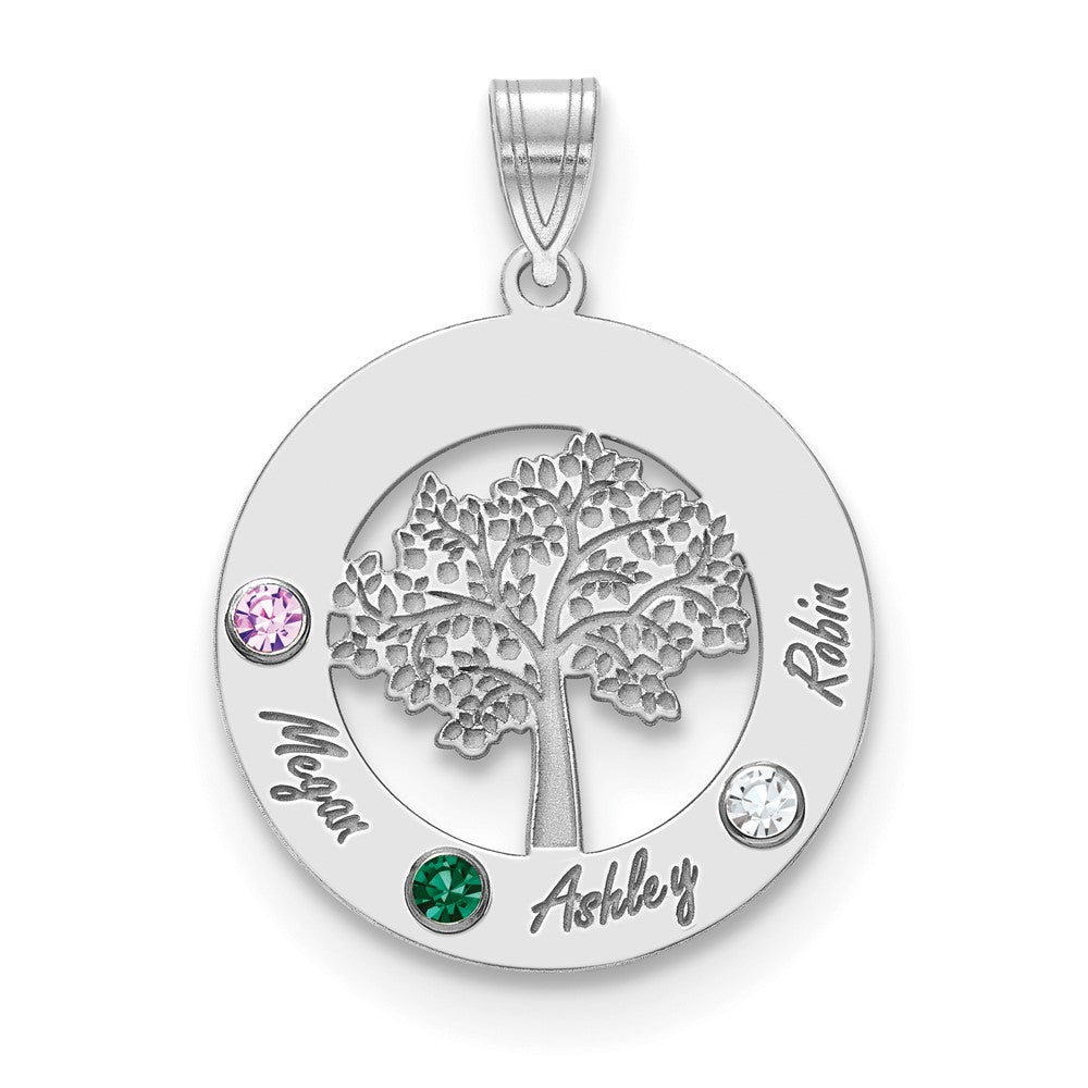 14KW Family Tree Circle 3 Names & Birthstones w/ 18k Rhodium Plated Bezels