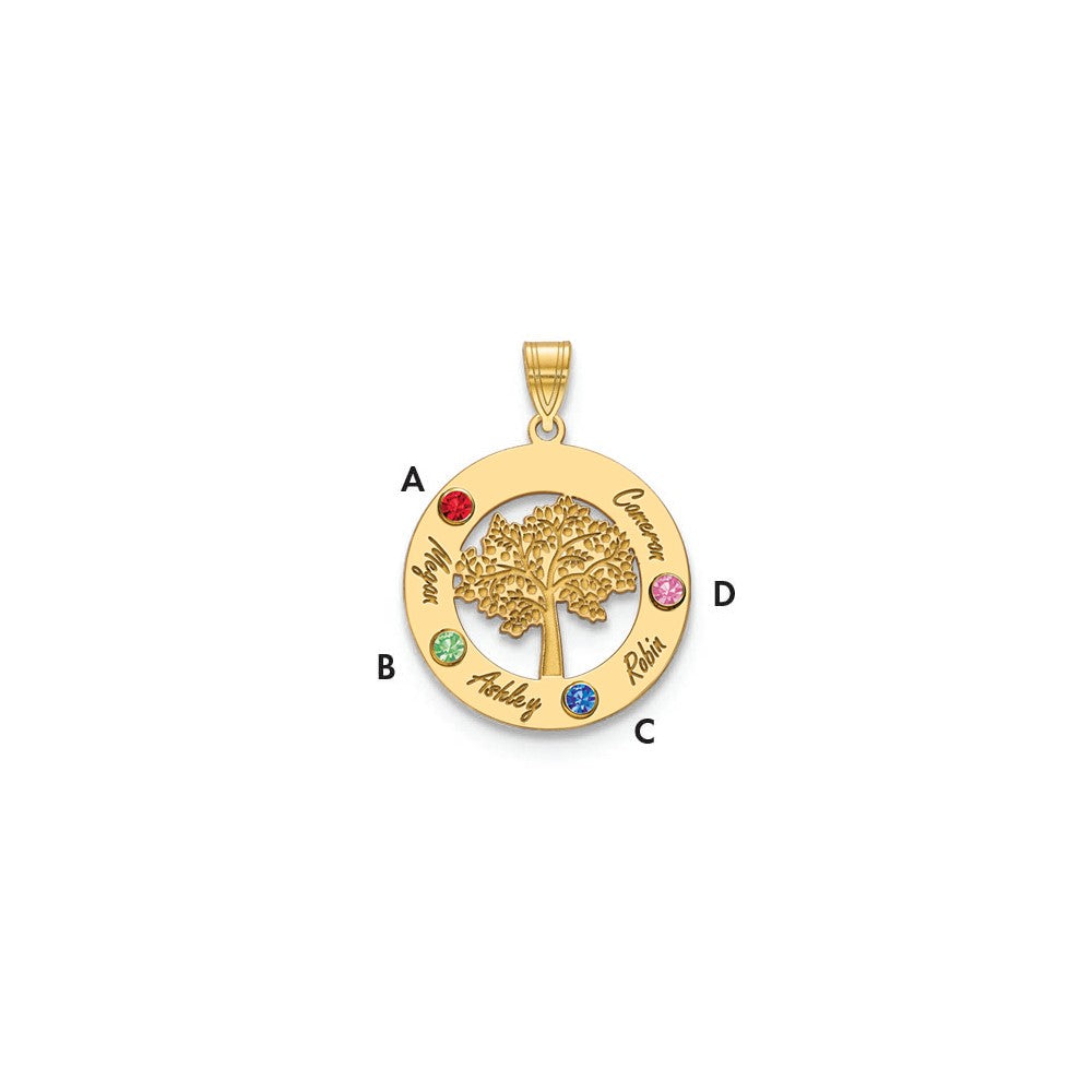 10KY Family Tree in Circle 4 Names and Birthstones w/ 14k Bezel Pendant