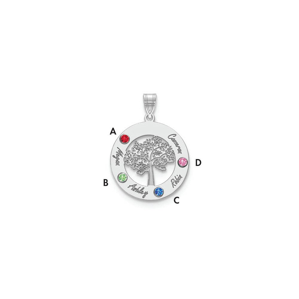 14KW Family Tree Circle 4 Names w/ Birthstones w/ 18k Rhodium Plated Bezels