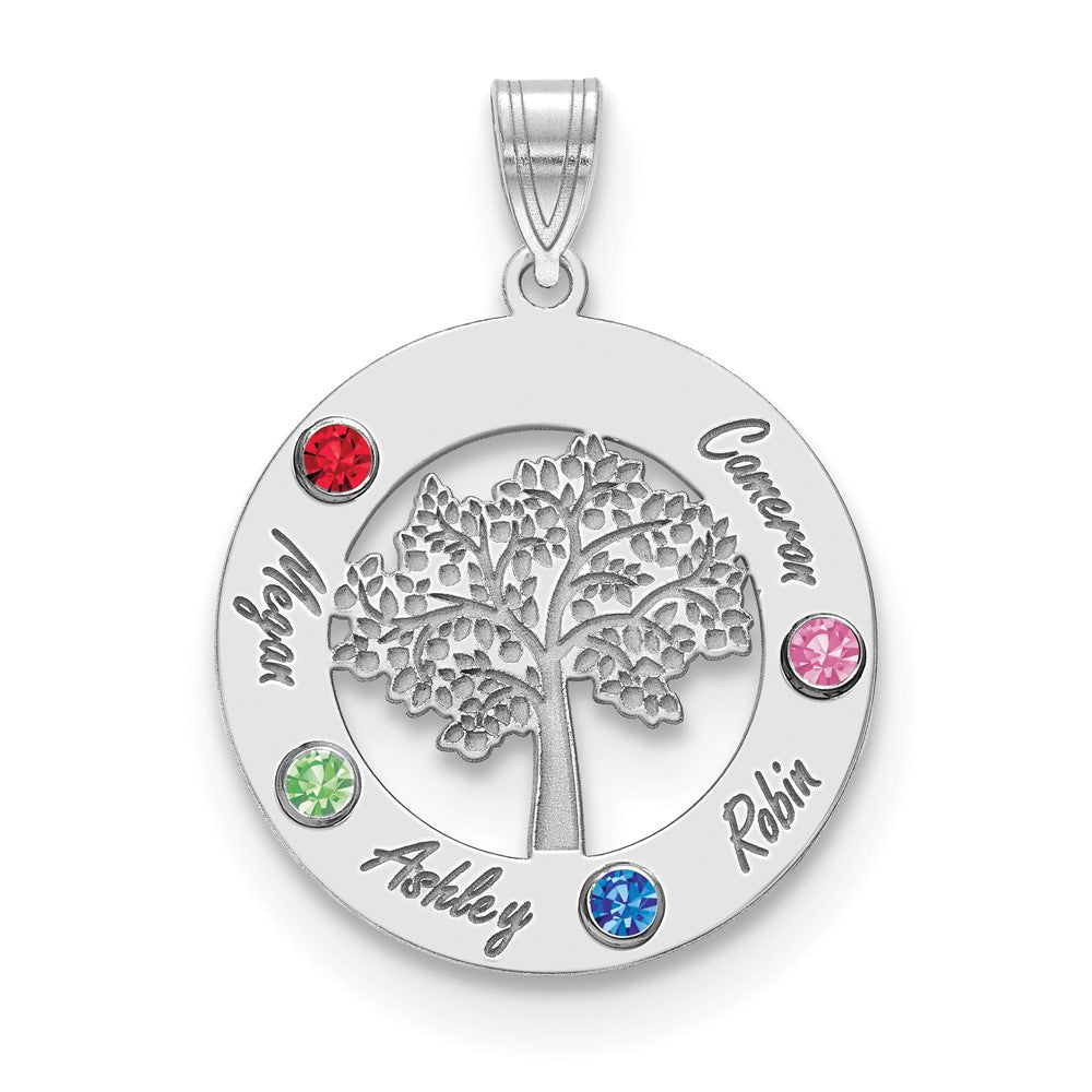 14KW Family Tree Circle 4 Names w/ Birthstones w/ 18k Rhodium Plated Bezels