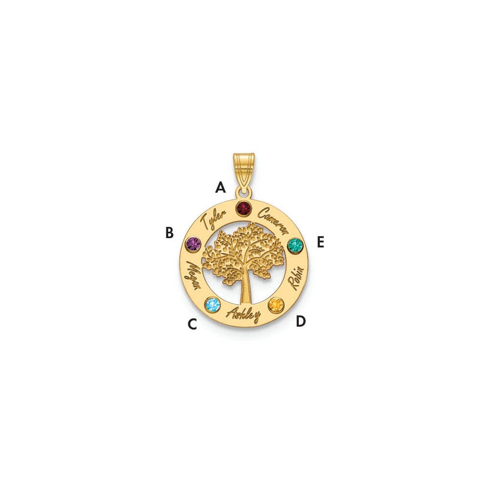 10KY Family Tree in Circle 5 Names and Birthstones w/ 14k Bezel Pendant