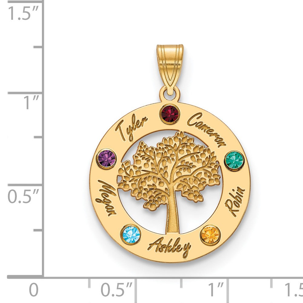 14KY Family Tree in Circle 5 Names and Birthstones w/ 14k Bezel Pendant