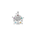 14KW Family Tree Circle 5 Names & Birthstones w/ 18k Rhodium Plated Bezels