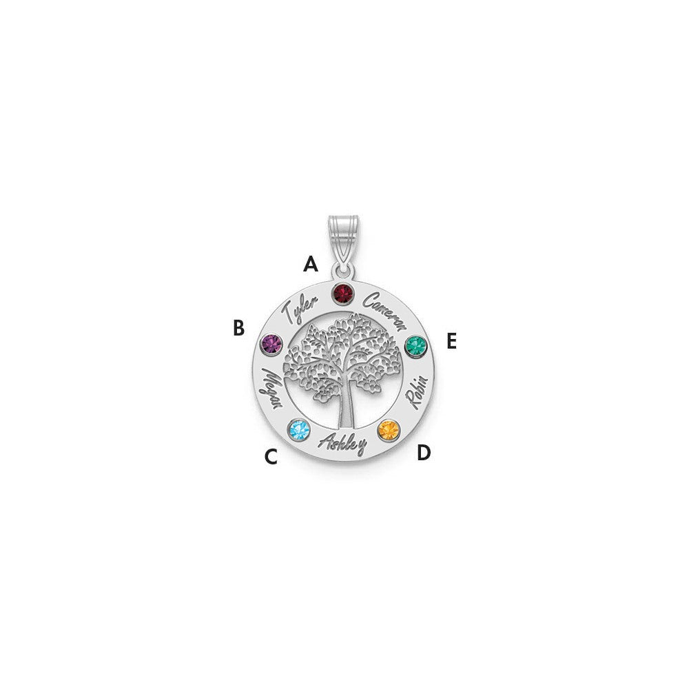 14KW Family Tree Circle 5 Names & Birthstones w/ 18k Rhodium Plated Bezels