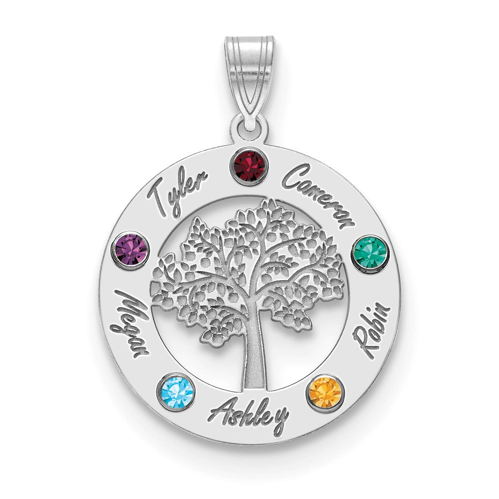 14KW Family Tree Circle 5 Names & Birthstones w/ 18k Rhodium Plated Bezels