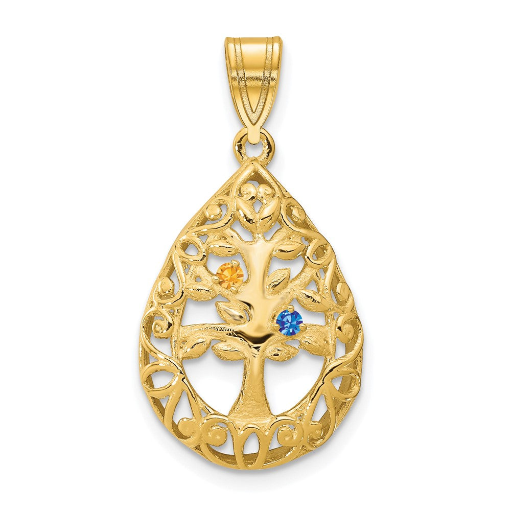 10KY 2 Birthstone Tree of Life Tear Drop Pendant
