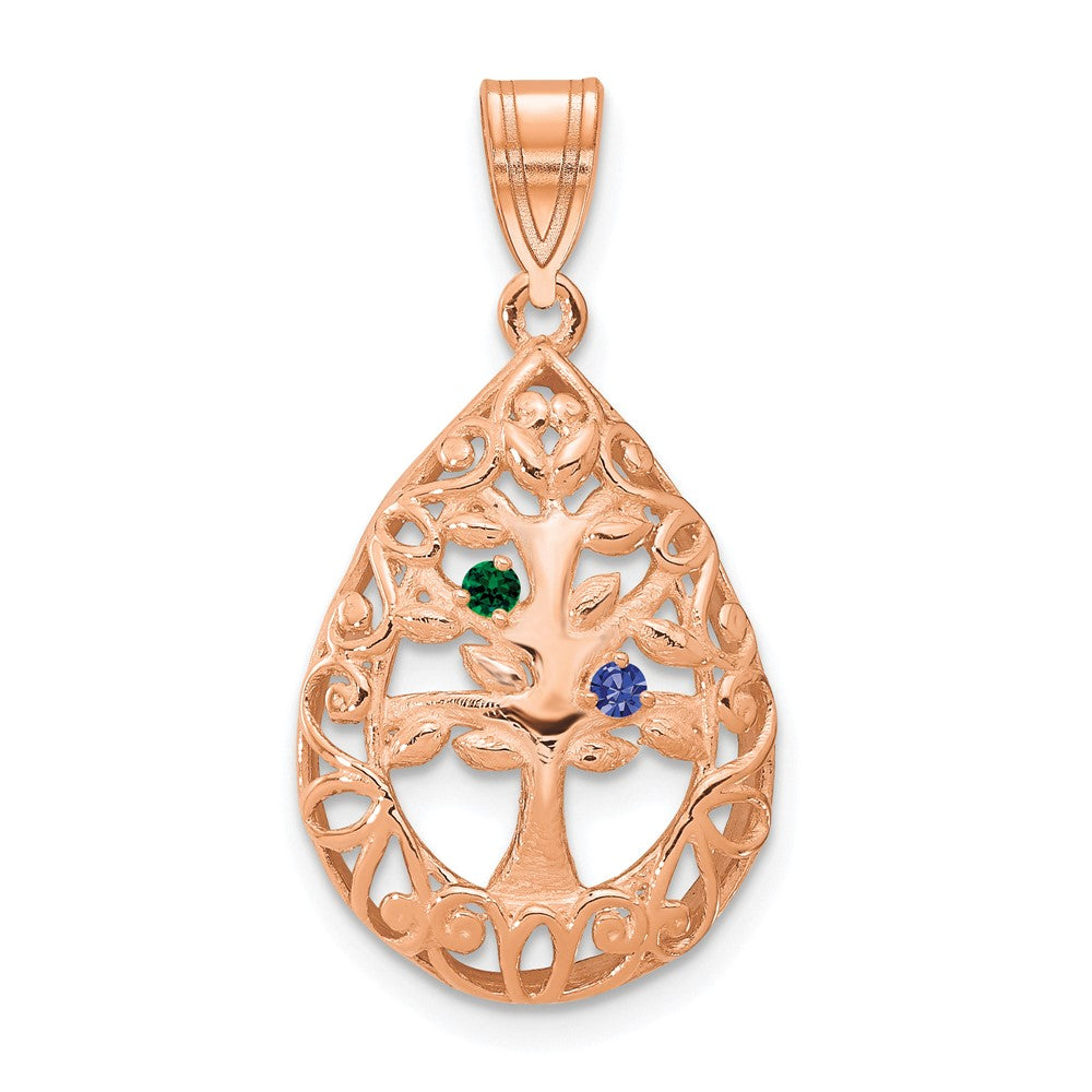 10K Rose Gold 2 Birthstone Tree of Life Tear Drop Pendant