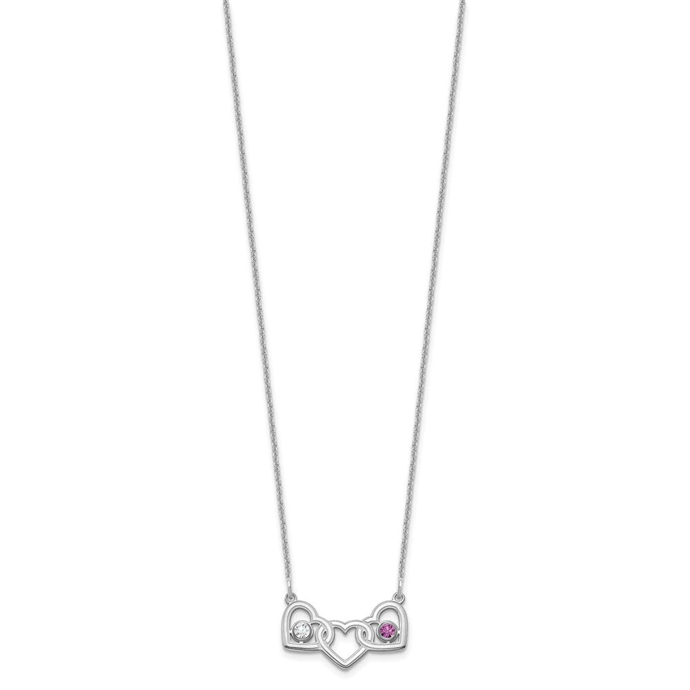 14KW 3 Hearts 2 Birthstones w/ 18k Rhodium Plated Bezels Necklace