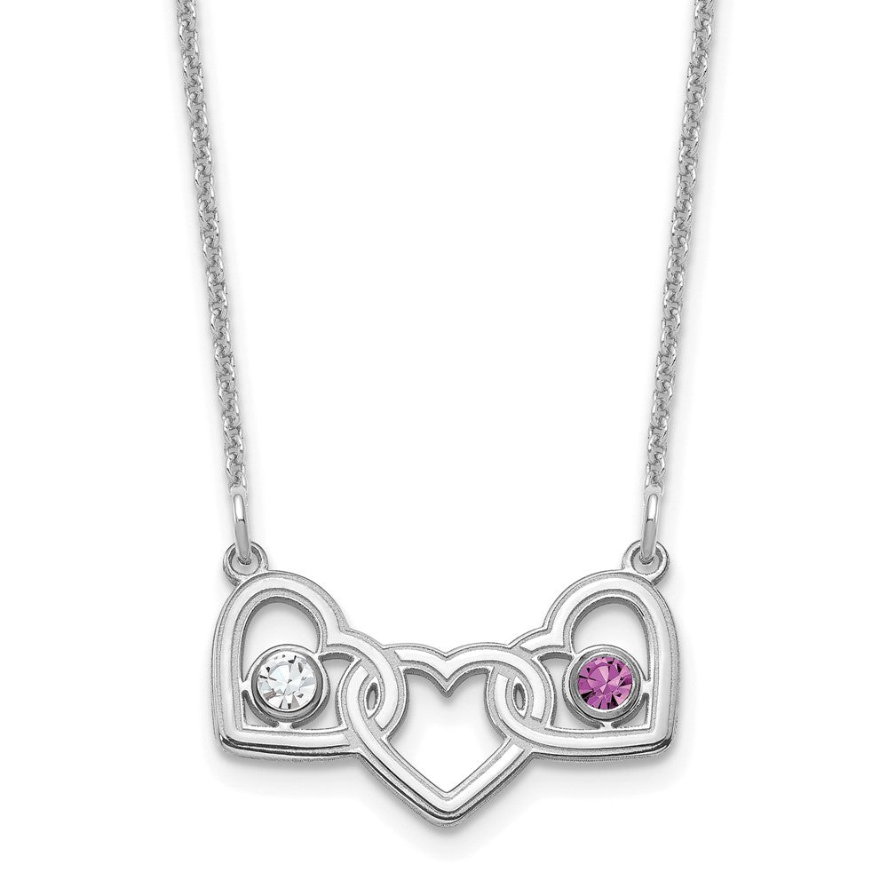 14KW 3 Hearts 2 Birthstones w/ 18k Rhodium Plated Bezels Necklace