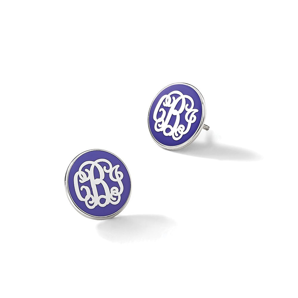 SSilver/Rhodium-plated Round Monogram w/Epoxy Post Earrings
