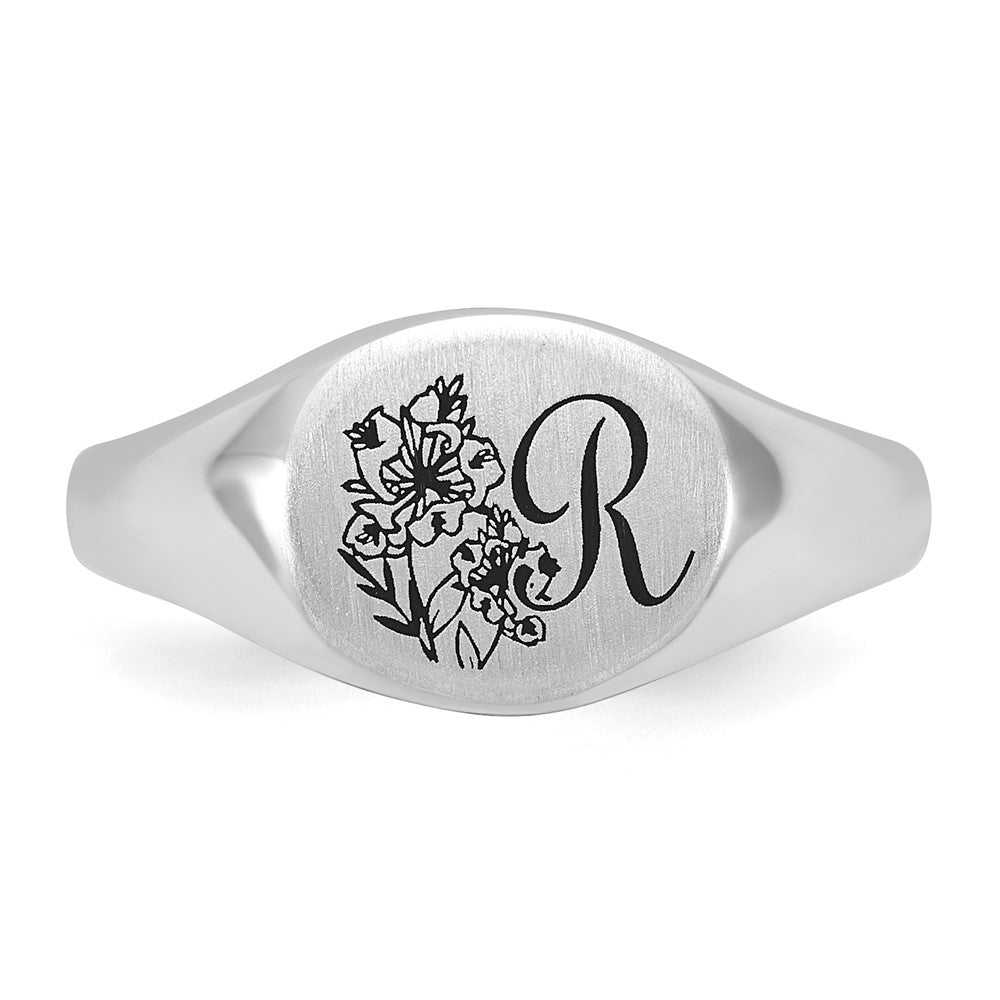 SS/Rhodium-plated Epoxy Initial and Birth Flower Signet Ring