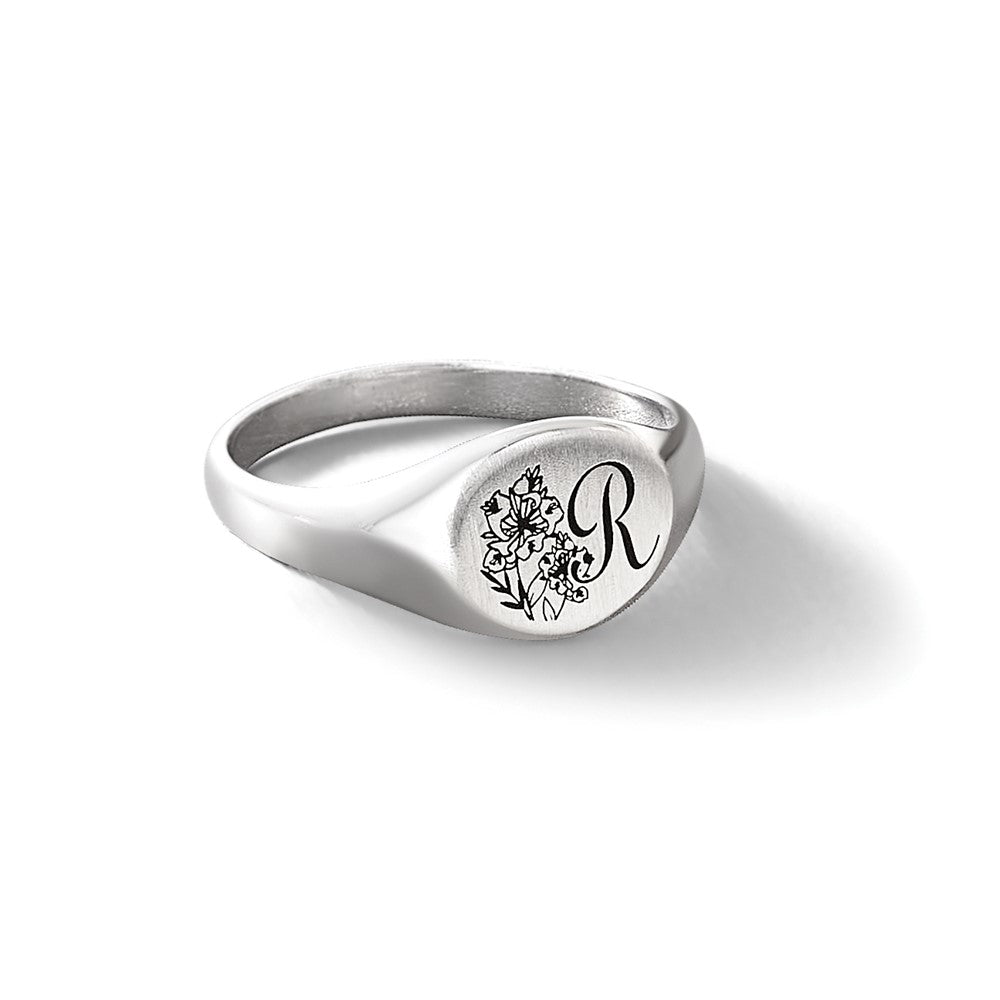 SS/Rhodium-plated Epoxy Initial and Birth Flower Signet Ring