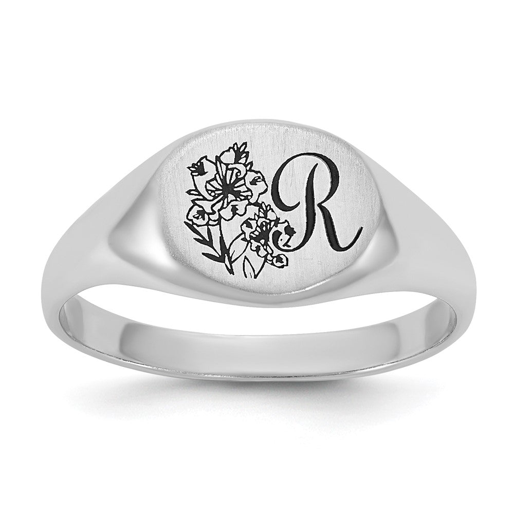 SS/Rhodium-plated Epoxy Initial and Birth Flower Signet Ring