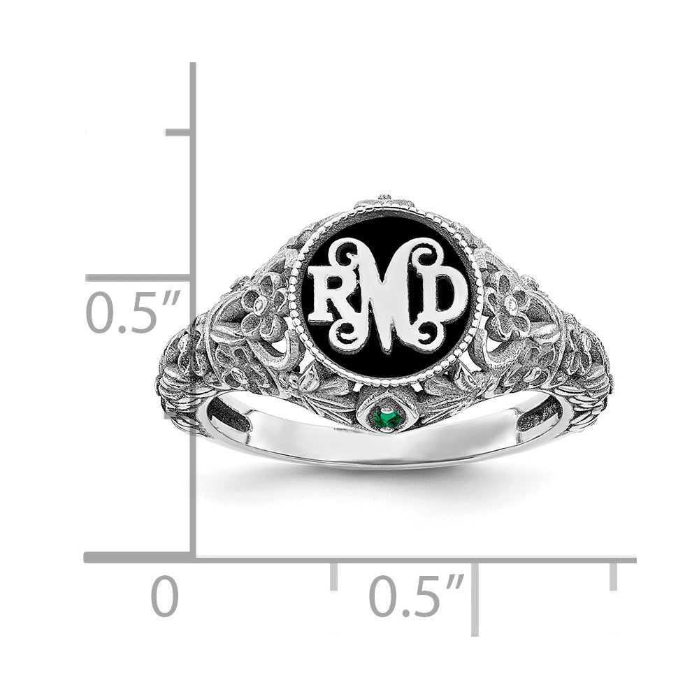 10k White Gold Filigree w/Epoxy and Birthstone Monogram Ring
