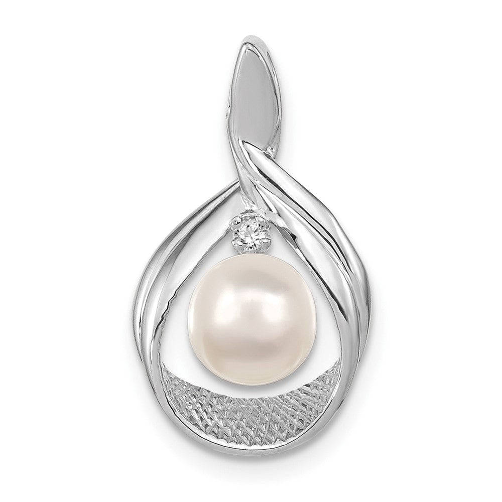 14k White Gold 7-8mm White Round Freshwater Cultured Pearl AA Diamond Penda