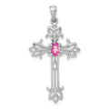 14k White Gold 5x3mm Oval Pink Sapphire cross pendant