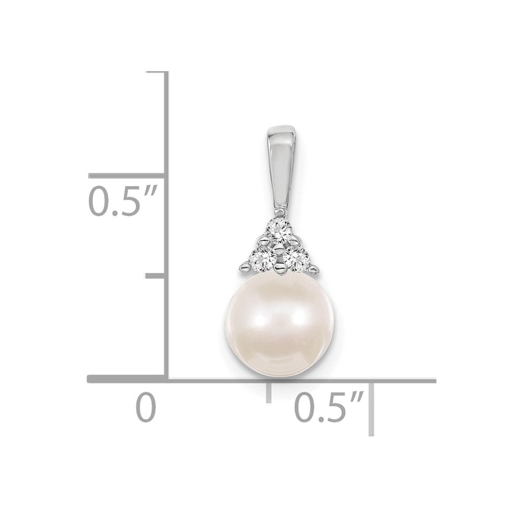 14k White Gold 7mm White Round Freshwater Cultured Pearl AA Diamond Pendant