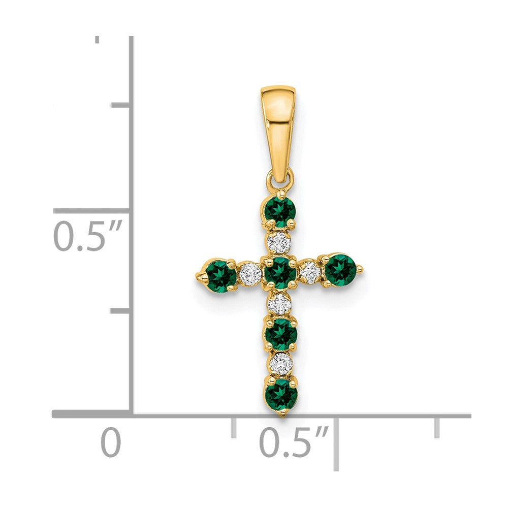 14k Lab Created Emerald and Diamond Cross Pendant