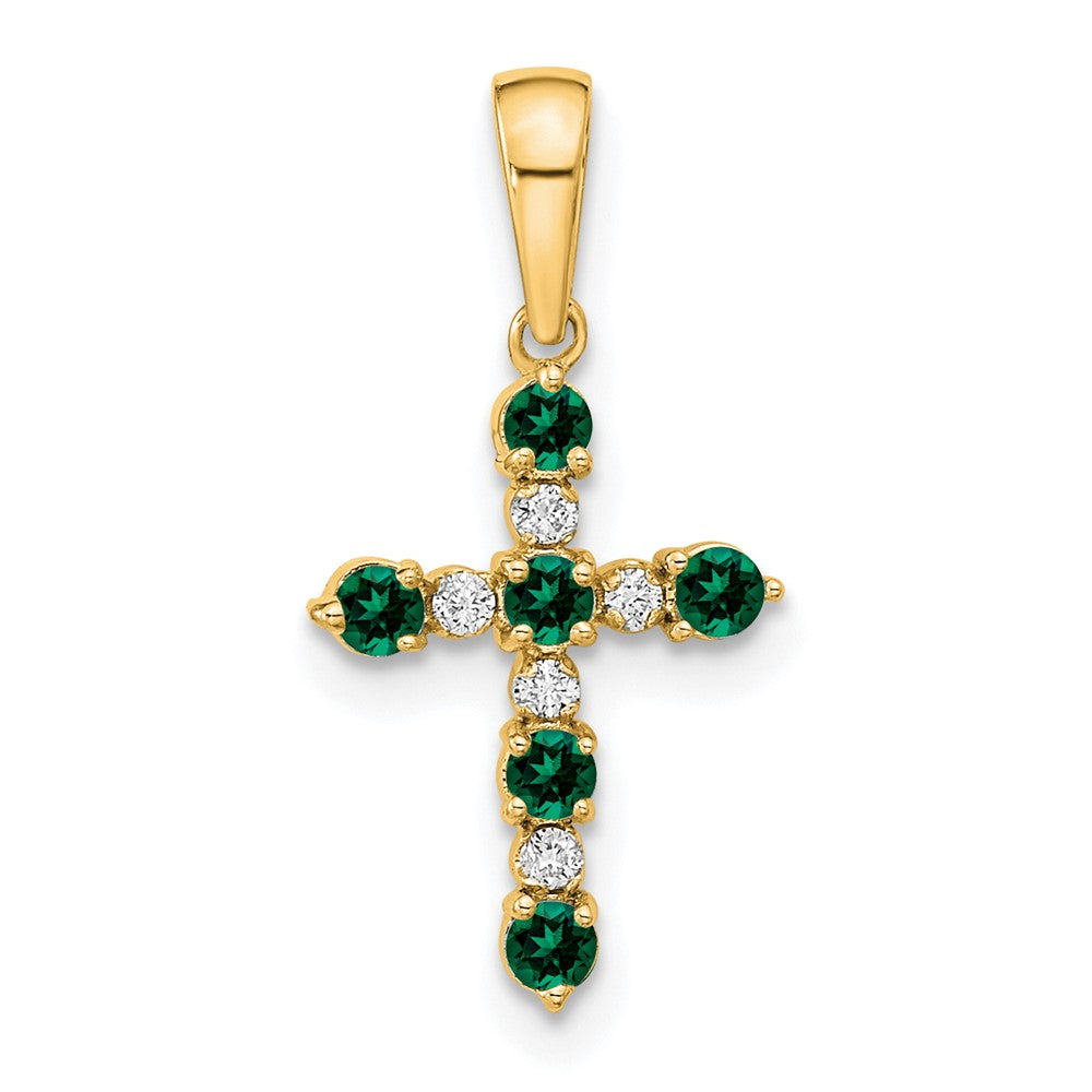 14k Lab Created Emerald and Diamond Cross Pendant