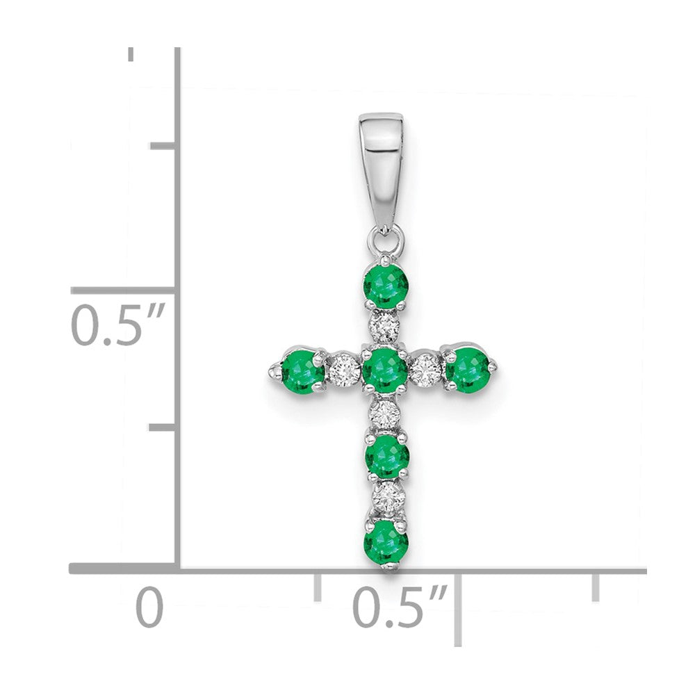 14k White Gold Lab Created Emerald and Diamond Cross Pendant