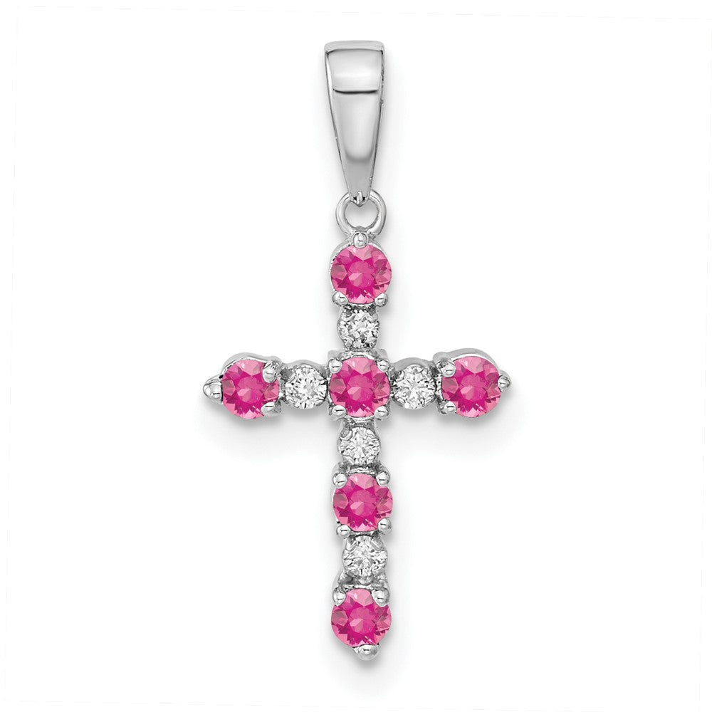14k White Gold Pink Tourmaline and Diamond Cross Pendant