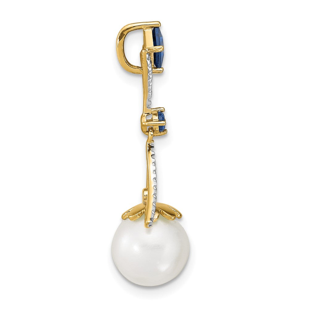 14k Diamond 8-9mm Round FWC Pearl/Created Sapphire Chain Slide