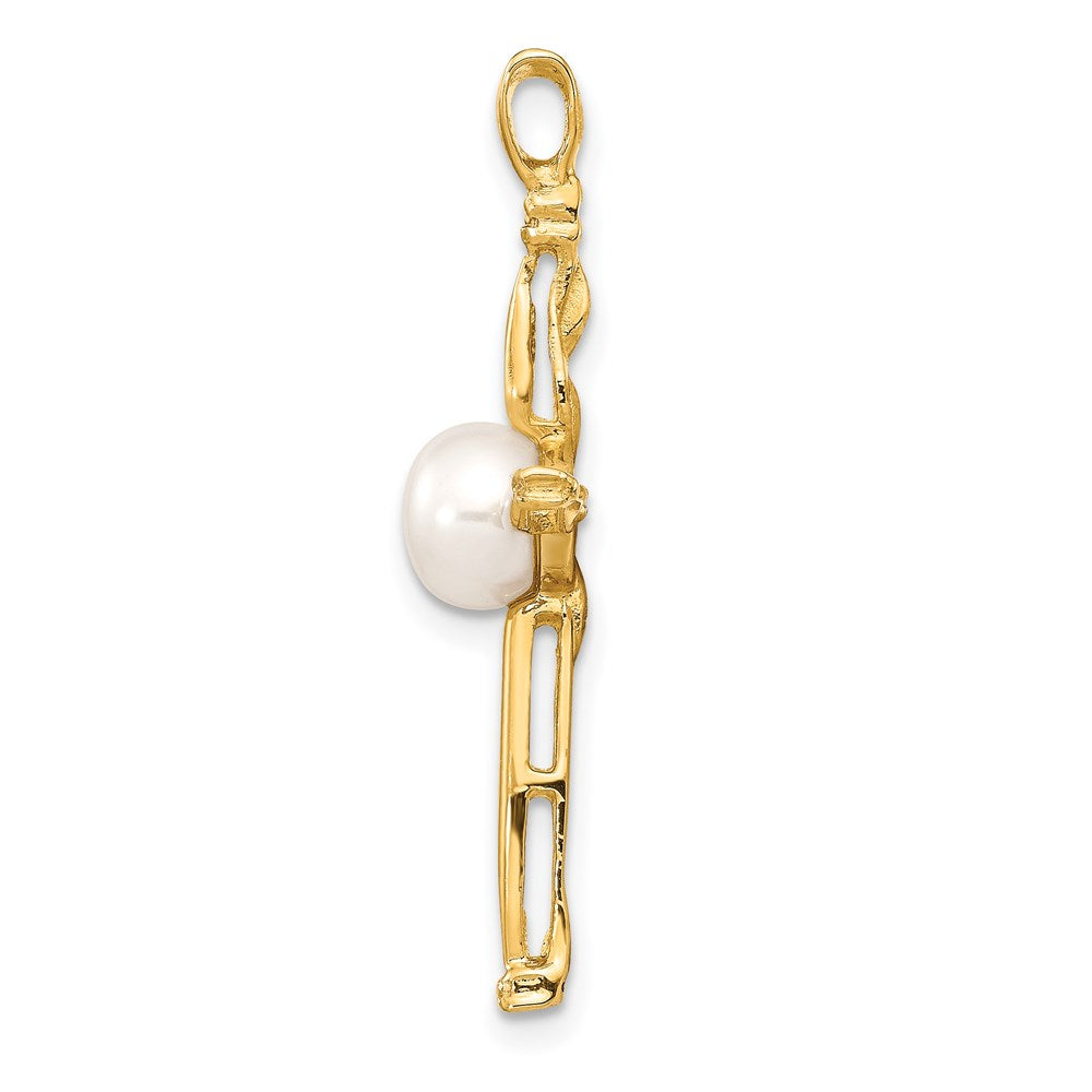 14K 6-7mm White Button FW Cultured Pearl .02ct Diamond Cross Pendant